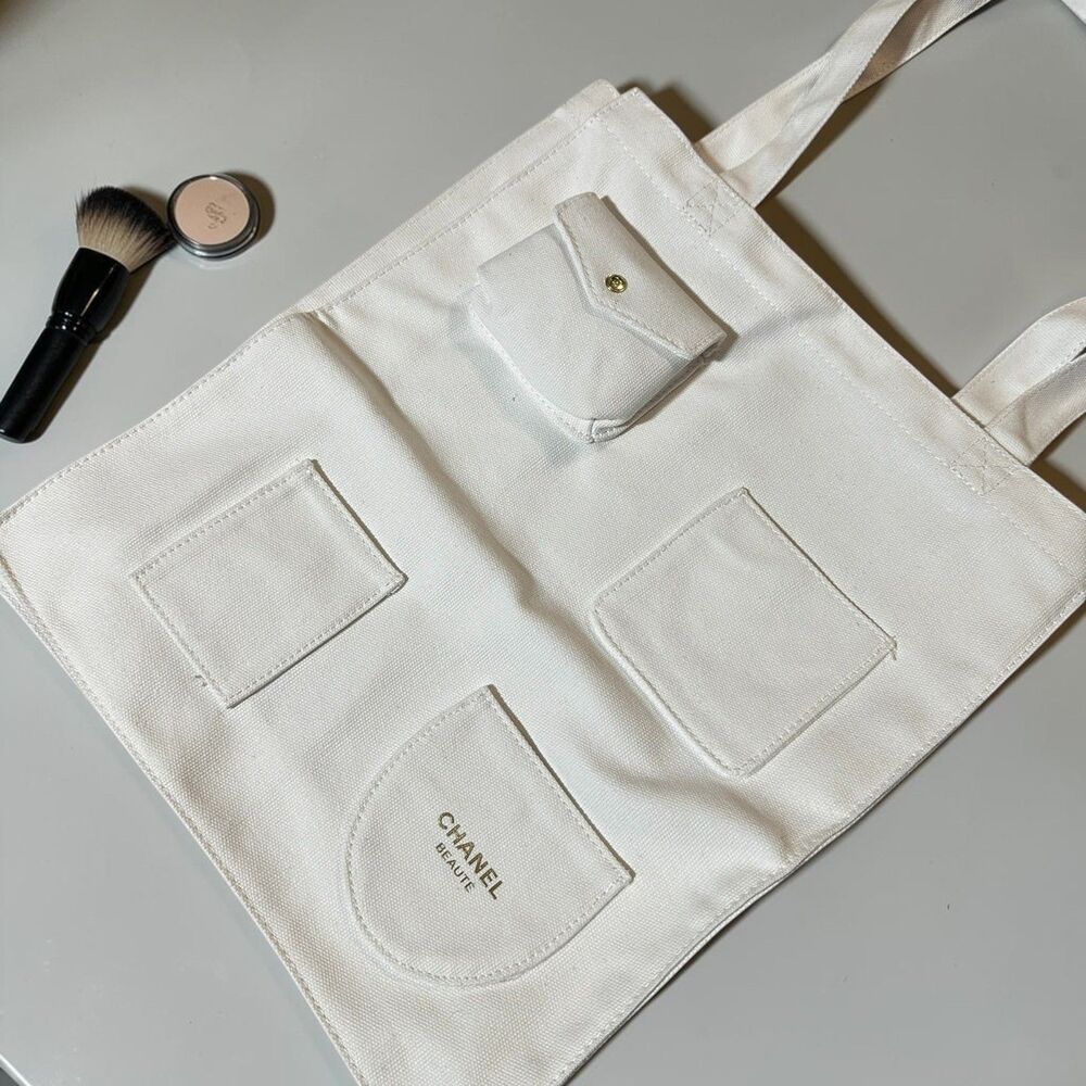 CHANEL BEAUTY Tote Bag Cotton Canvas White Gold 15 x 12.5 x 4in New w/ Orig. Box
